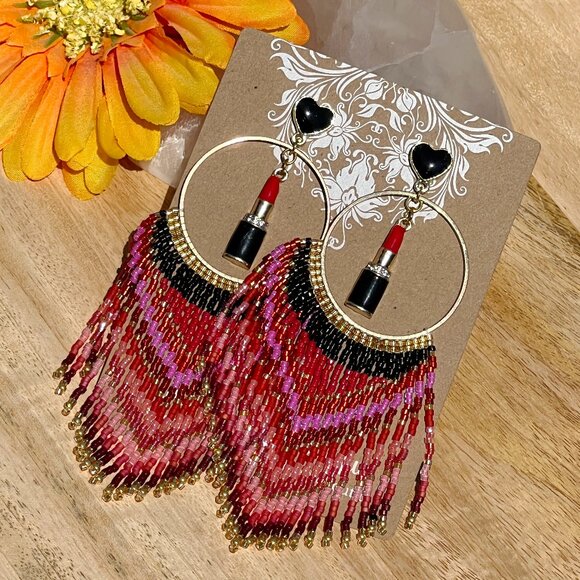 Handmade Beaded Long Tassel Fringe Dangle Drop Lightweight Post Hoop Earrings - Picture 5 of 10